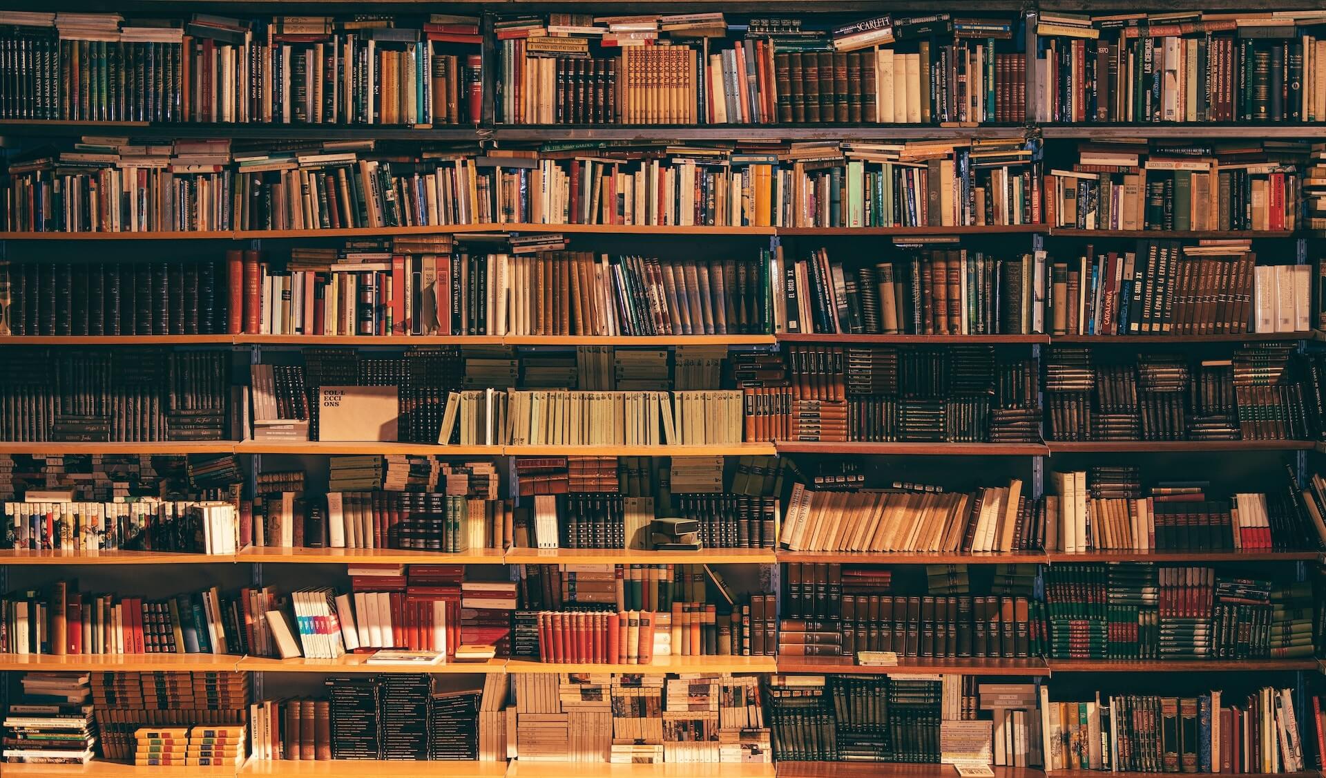 full wall of books on shelving