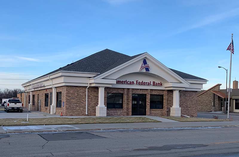 American Federal Bank building and front entrance in Hallock